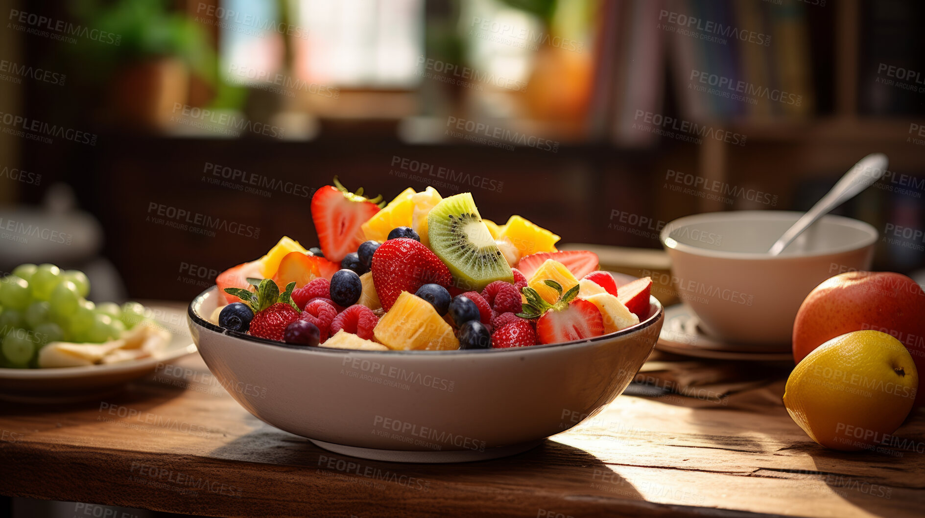 Buy stock photo Salad, dessert and mixed fruit bowl with a kitchen background for breakfast, health and diet. Colourful, vibrant and healthy fitness meal or snack for lifestyle, nutrition and organic fresh product