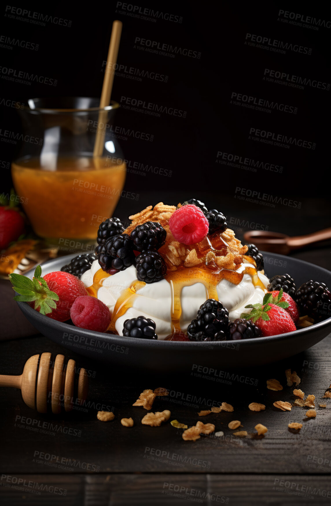 Buy stock photo Yoghurt, muesli and mixed fruit bowl with a kitchen background for breakfast, health and diet. Colourful, vibrant and healthy fitness meal or snack for lifestyle, nutrition and organic dairy product