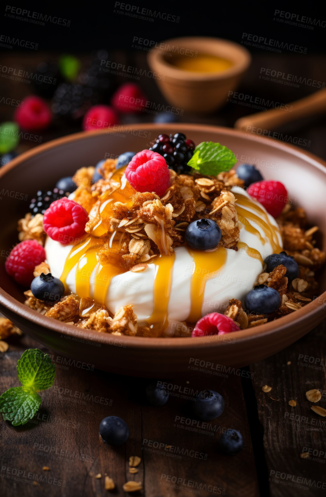 Buy stock photo Yoghurt, muesli and mixed fruit bowl with a kitchen background for breakfast, health and diet. Colourful, vibrant and healthy fitness meal or snack for lifestyle, nutrition and organic dairy product