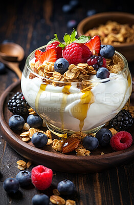 Yoghurt, muesli and mixed fruit bowl with a kitchen background for breakfast, health and diet. Colourful, vibrant and healthy fitness meal or snack for lifestyle, nutrition and organic dairy product