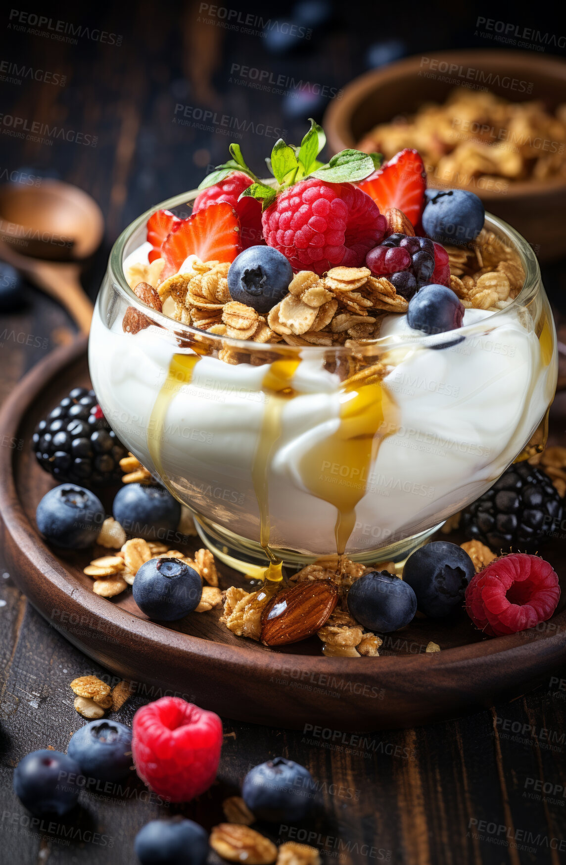 Buy stock photo Yoghurt, muesli and mixed fruit bowl with a kitchen background for breakfast, health and diet. Colourful, vibrant and healthy fitness meal or snack for lifestyle, nutrition and organic dairy product