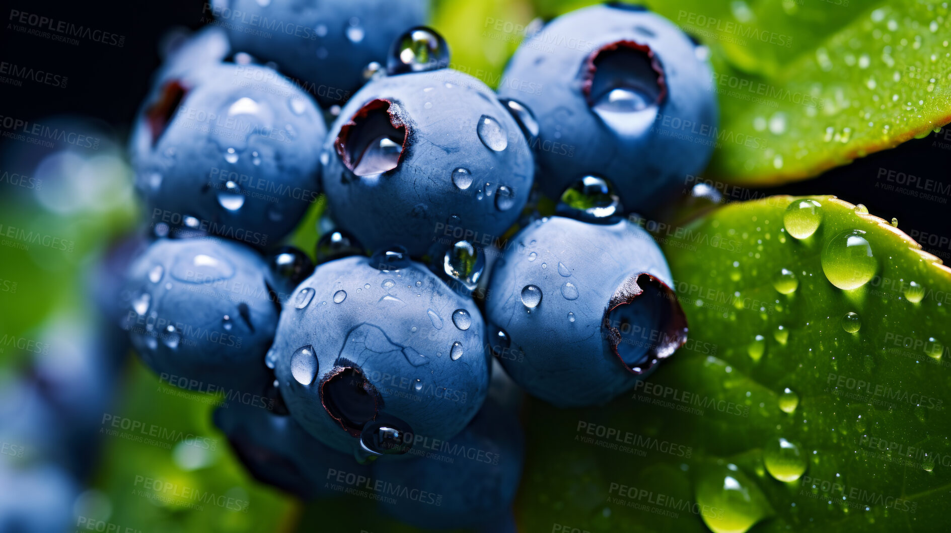 Buy stock photo Healthy, natural and blueberry fruit on black background in studio for farming, produce and lifestyle. Fresh, summer food and health snack mockup for farm, fibre diet and agriculture with droplets