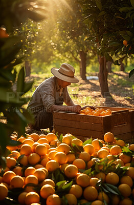 Farm, oranges and farmer harvesting fresh healthy fruit for agriculture, business and produce. Natural, organic, and vibrant citrus in a crate for growth, crops and eco friendly farming environment