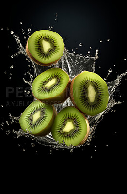 Healthy, natural or kiwi fruit juice on a black background in studio for farming, produce and lifestyle. Fresh, summer drink or health mockup for eco farm, diet and agriculture with water droplets