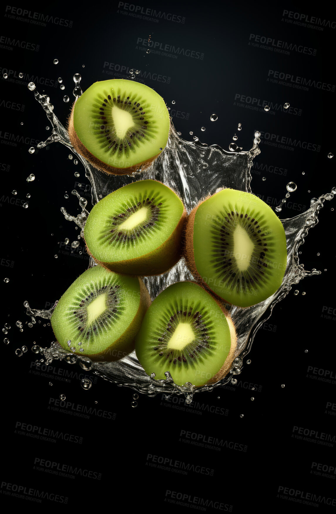 Buy stock photo Healthy, natural or kiwi fruit juice on a black background in studio for farming, produce and lifestyle. Fresh, summer drink or health mockup for eco farm, diet and agriculture with water droplets