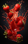 Healthy, natural or strawberry fruit juice on a black background in studio for farming, produce and lifestyle. Fresh, summer drink or health mockup for eco farm, diet and agriculture with droplets