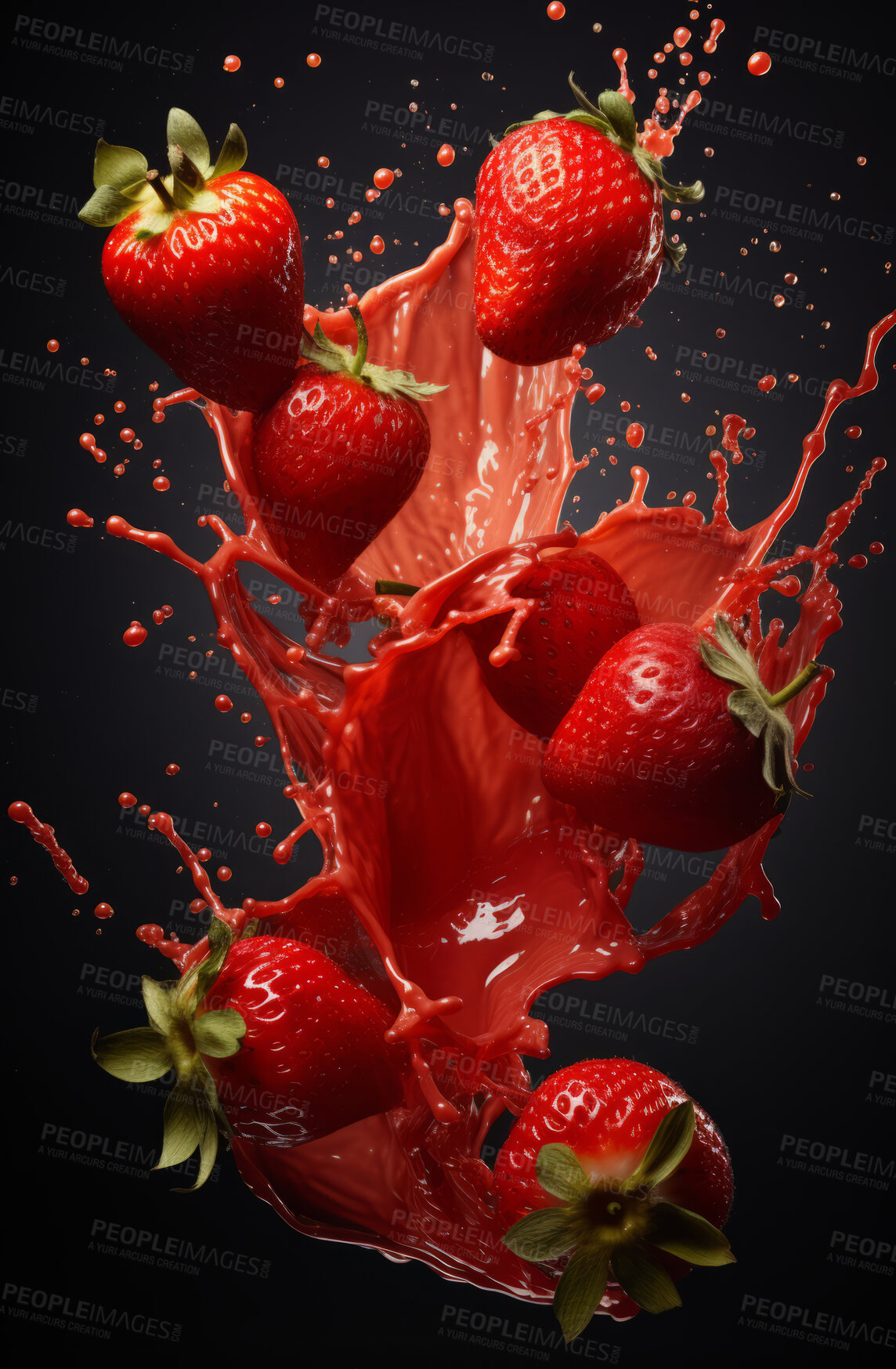 Buy stock photo Healthy, natural or strawberry fruit juice on a black background in studio for farming, produce and lifestyle. Fresh, summer drink or health mockup for eco farm, diet and agriculture with droplets