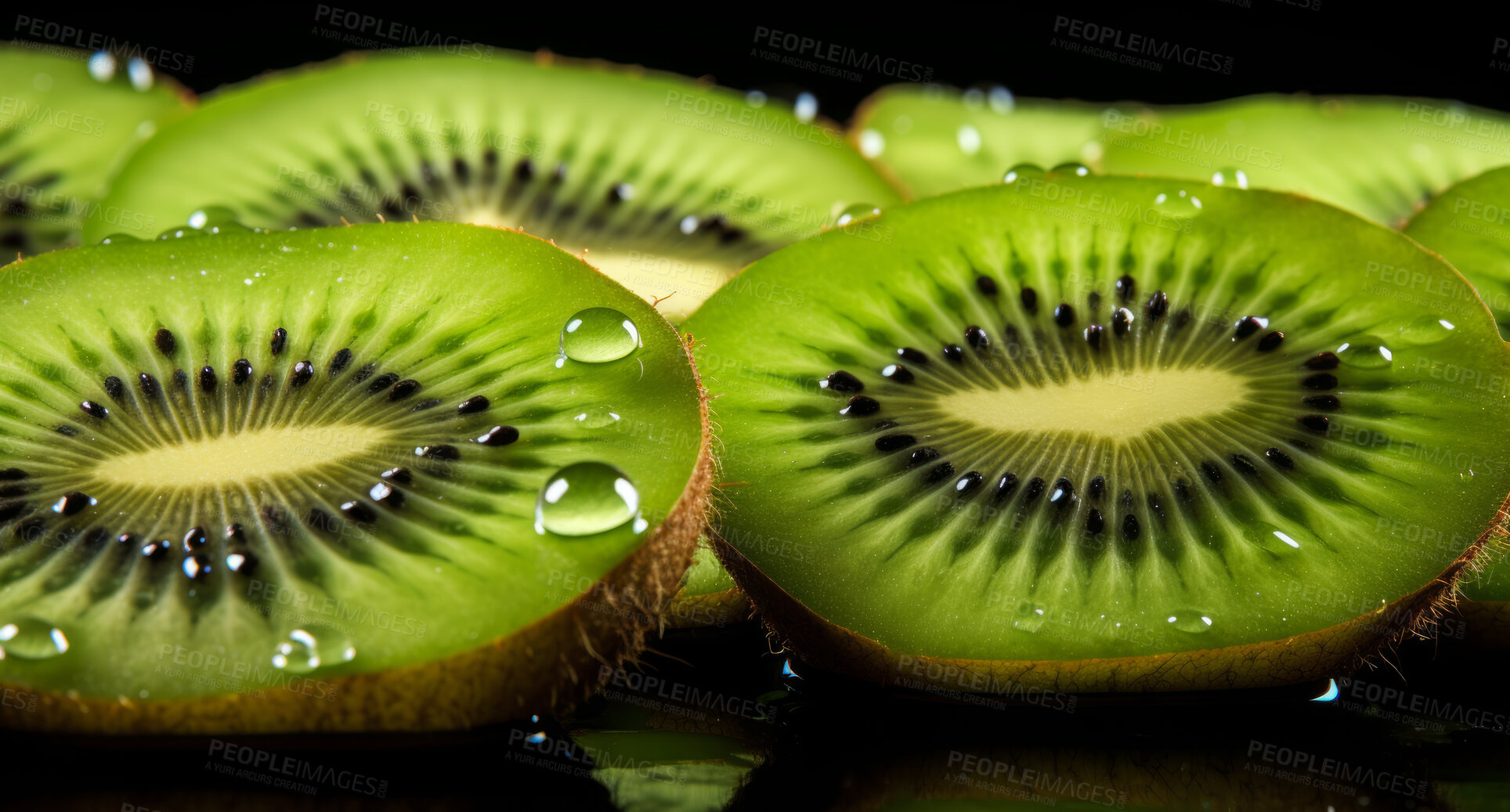 Buy stock photo Healthy, natural or kiwi fruit on a black background in studio for farming, produce and lifestyle. Fresh, summer food or sliced health snack mockup for eco farm, diet and agriculture with droplets