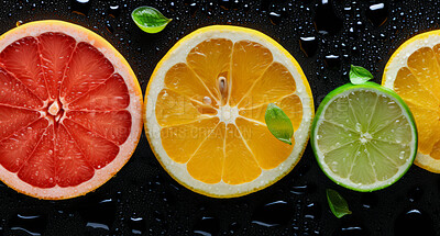 Healthy, natural or citrus fruit on a black background in studio for farming, produce and lifestyle. Fresh, summer food or health snack mockup for eco farm, diet and agriculture with droplets