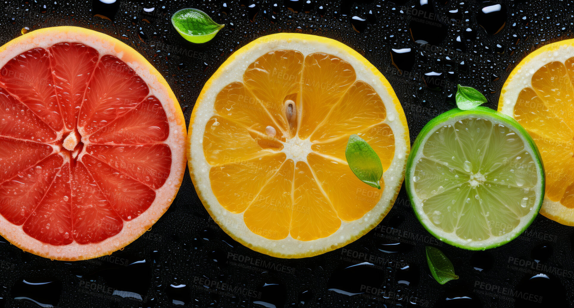 Buy stock photo Healthy, natural or citrus fruit on a black background in studio for farming, produce and lifestyle. Fresh, summer food or health snack mockup for eco farm, diet and agriculture with droplets