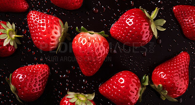 Healthy, natural or strawberry fruit on a black background in studio for farming, produce and lifestyle. Fresh, summer food or health snack mockup for eco farm, diet and agriculture with droplets