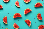 Healthy, natural and watermelon fruit on a blue background in studio for farming, produce and lifestyle. Fresh, sliced food and delicious health snack mockup for eco farm, fibre diet and agriculture