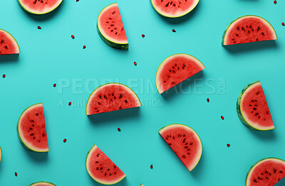 Healthy, natural and watermelon fruit on a blue background in studio for farming, produce and lifestyle. Fresh, sliced food and delicious health snack mockup for eco farm, fibre diet and agriculture