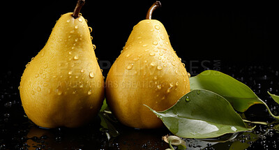 Healthy, natural and pear fruit on a black background in studio for farming, produce and lifestyle. Fresh, summer food and health snack mockup for eco farm, fibre diet and agriculture with droplets.