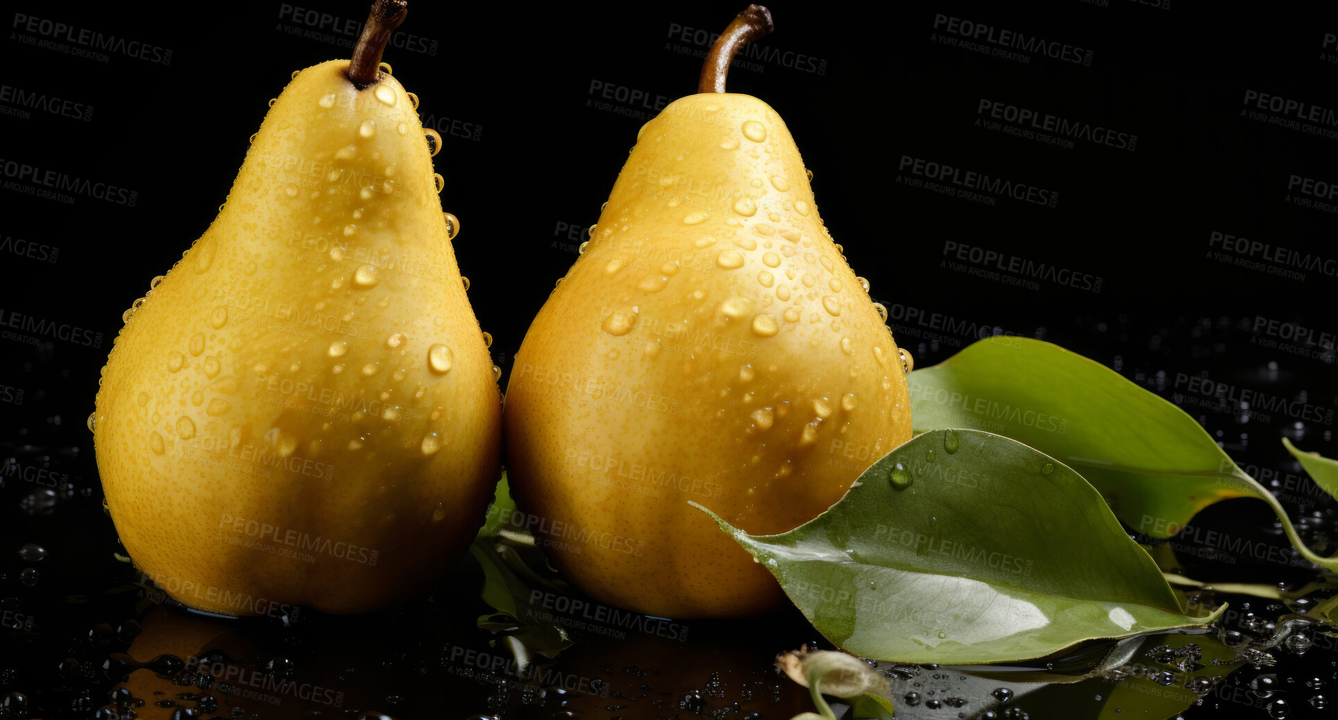 Buy stock photo Healthy, natural and pear fruit on a black background in studio for farming, produce and lifestyle. Fresh, summer food and health snack mockup for eco farm, fibre diet and agriculture with droplets.