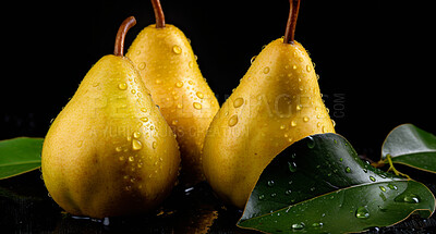 Healthy, natural and pear fruit on a black background in studio for farming, produce and lifestyle. Fresh, summer food and health snack mockup for eco farm, fibre diet and agriculture with droplets.
