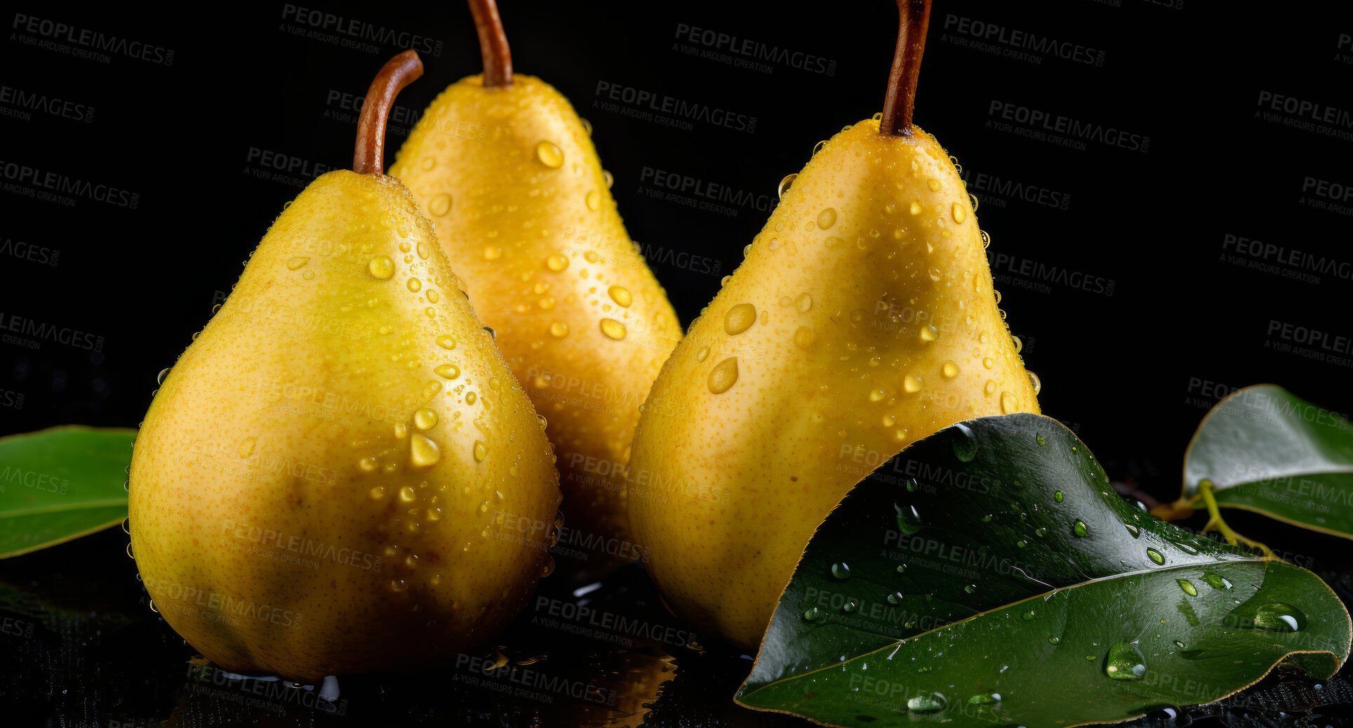 Buy stock photo Healthy, natural and pear fruit on a black background in studio for farming, produce and lifestyle. Fresh, summer food and health snack mockup for eco farm, fibre diet and agriculture with droplets.