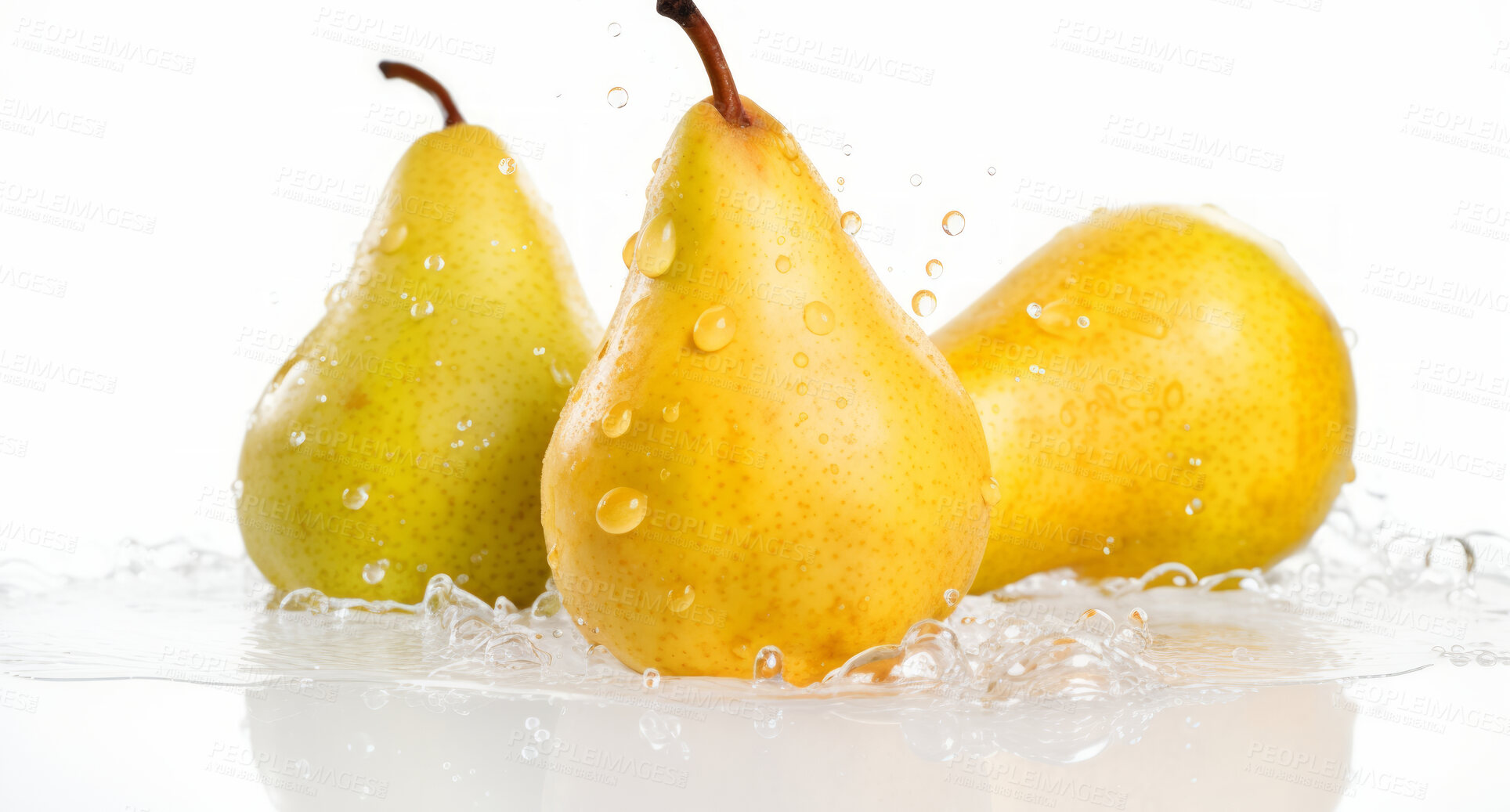 Buy stock photo Healthy, natural and pear fruit on a white background in studio for farming, produce and lifestyle. Fresh, summer food and health snack mockup for eco farm, fibre diet and agriculture with droplets.