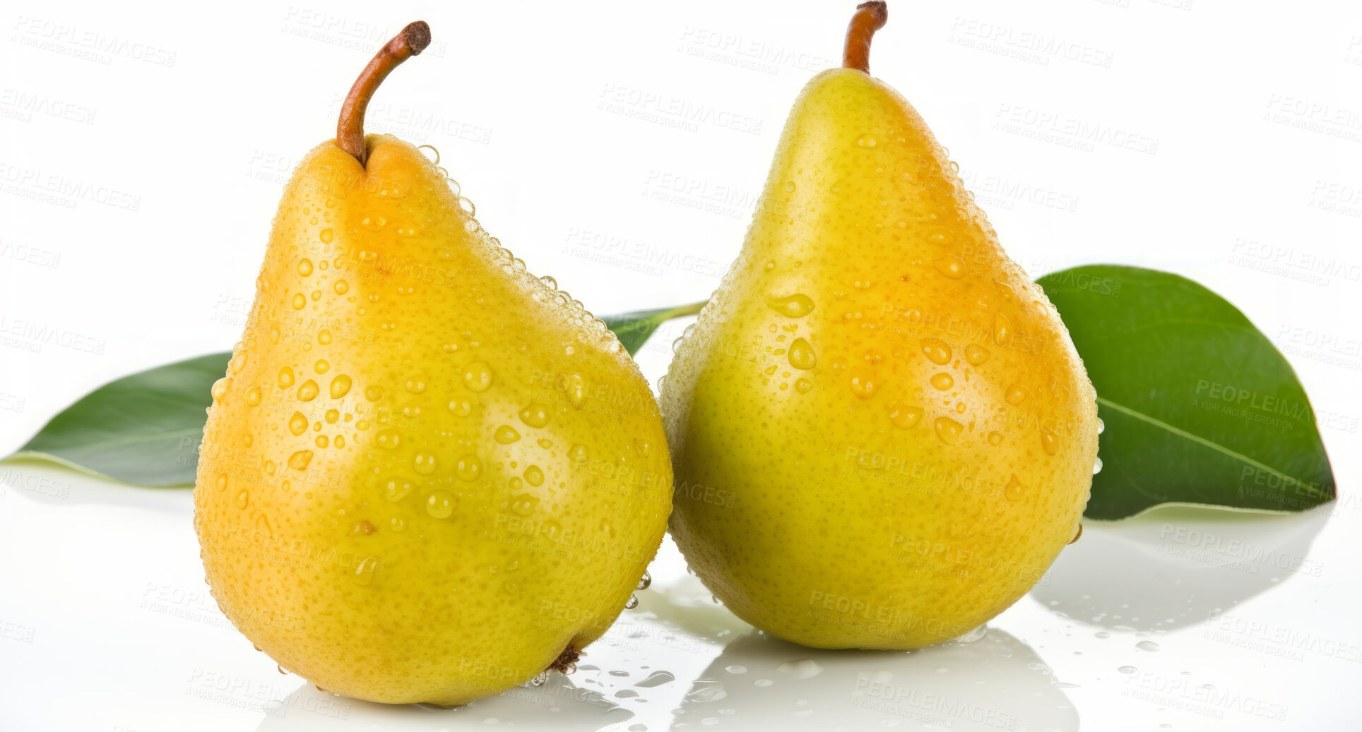 Buy stock photo Healthy, natural and pear fruit on a white background in studio for farming, produce and lifestyle. Fresh, summer food and health snack mockup for eco farm, fibre diet and agriculture with droplets.