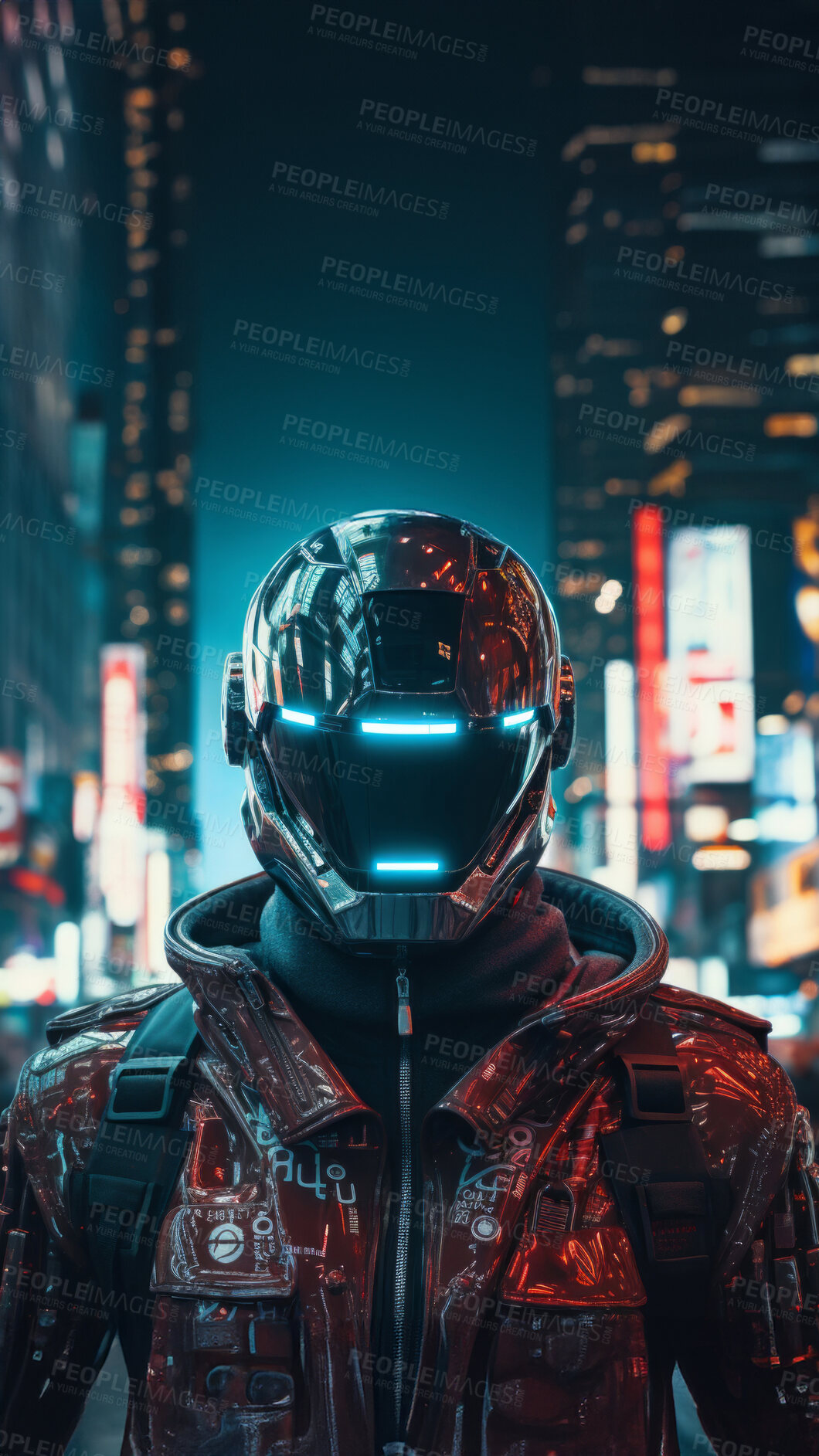 Buy stock photo Futuristic soldier, city setting, high-tech and dynamic. Sci-fi, powerful and urban-inspired design for gaming, art and creative expressions. On a futuristic canvas with a touch of cybernetic prowess.