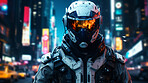 Futuristic soldier, city setting, high-tech and dynamic. Sci-fi, powerful and urban-inspired design for gaming, art and creative expressions. On a futuristic canvas with a touch of cybernetic prowess.