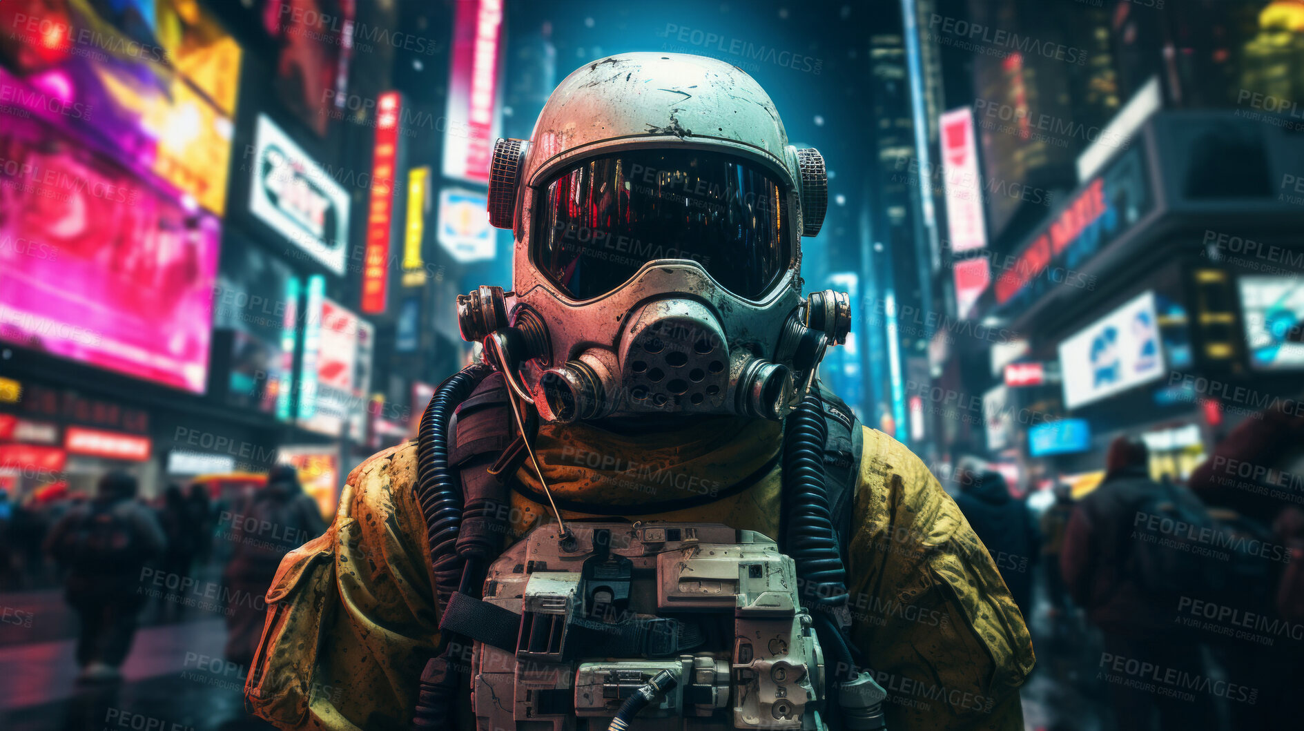 Buy stock photo Futuristic soldier, city setting, high-tech and dynamic. Sci-fi, powerful and urban-inspired design for gaming, art and creative expressions. On a futuristic canvas with a touch of cybernetic prowess.