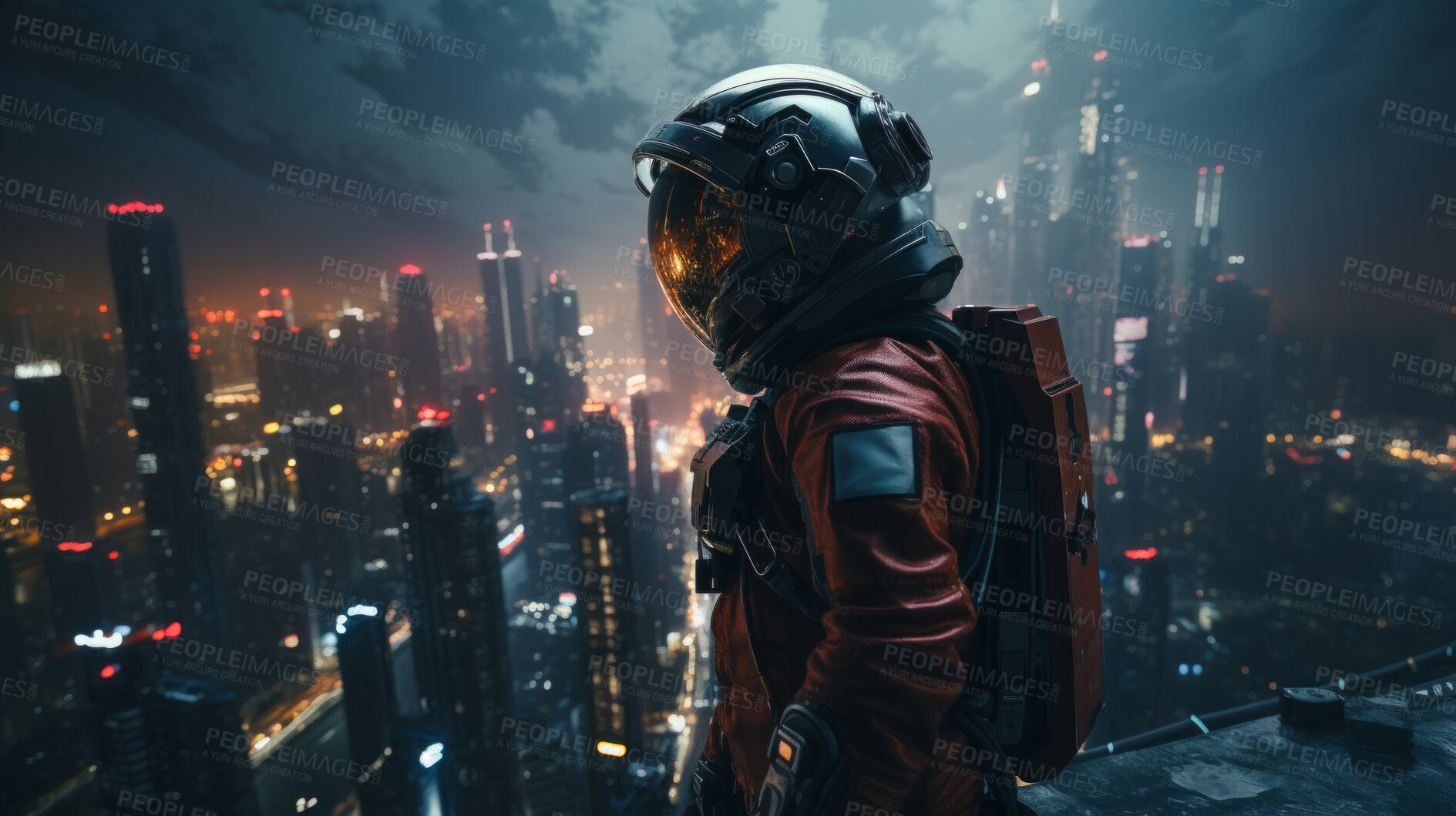 Buy stock photo Futuristic soldier, city setting, high-tech and dynamic. Sci-fi, powerful and urban-inspired design for gaming, art and creative expressions. On a futuristic canvas with a touch of cybernetic prowess.