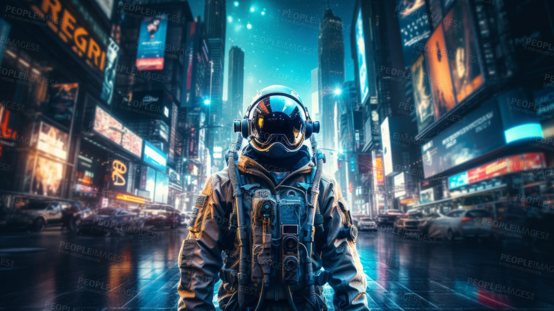 Buy stock photo Futuristic soldier, city setting, high-tech and dynamic. Sci-fi, powerful and urban-inspired design for gaming, art and creative expressions. On a futuristic canvas with a touch of cybernetic prowess.
