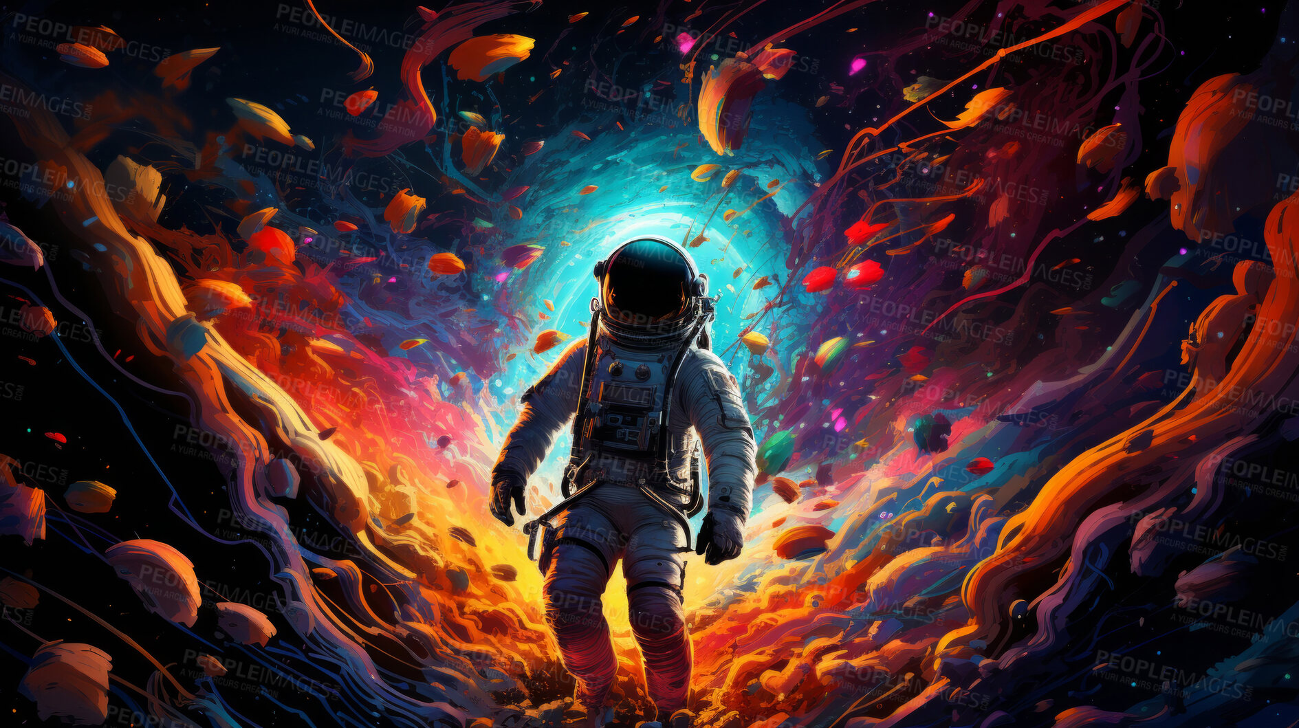 Buy stock photo Psychedelic spaceman, cosmic and mind-bending. Vibrant, trippy and space-inspired design for art, graphics and creative expressions. On a surreal canvas with a touch of intergalactic flair.