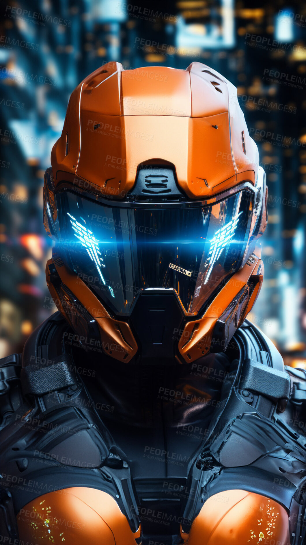 Buy stock photo Futuristic soldier, city setting, high-tech and dynamic. Sci-fi, powerful and urban-inspired design for gaming, art and creative expressions. On a futuristic canvas with a touch of cybernetic prowess.