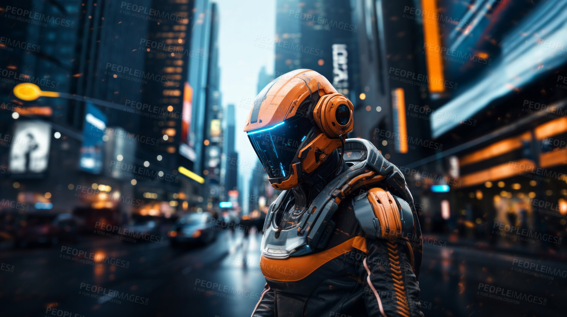 Buy stock photo Futuristic soldier, city setting, high-tech and dynamic. Sci-fi, powerful and urban-inspired design for gaming, art and creative expressions. On a futuristic canvas with a touch of cybernetic prowess.