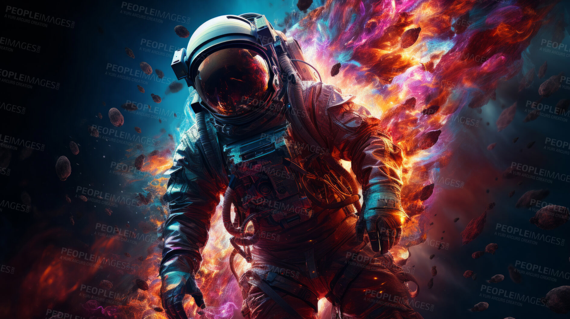 Buy stock photo Psychedelic spaceman, cosmic and mind-bending. Vibrant, trippy and space-inspired design for art, graphics and creative expressions. On a surreal canvas with a touch of intergalactic flair.