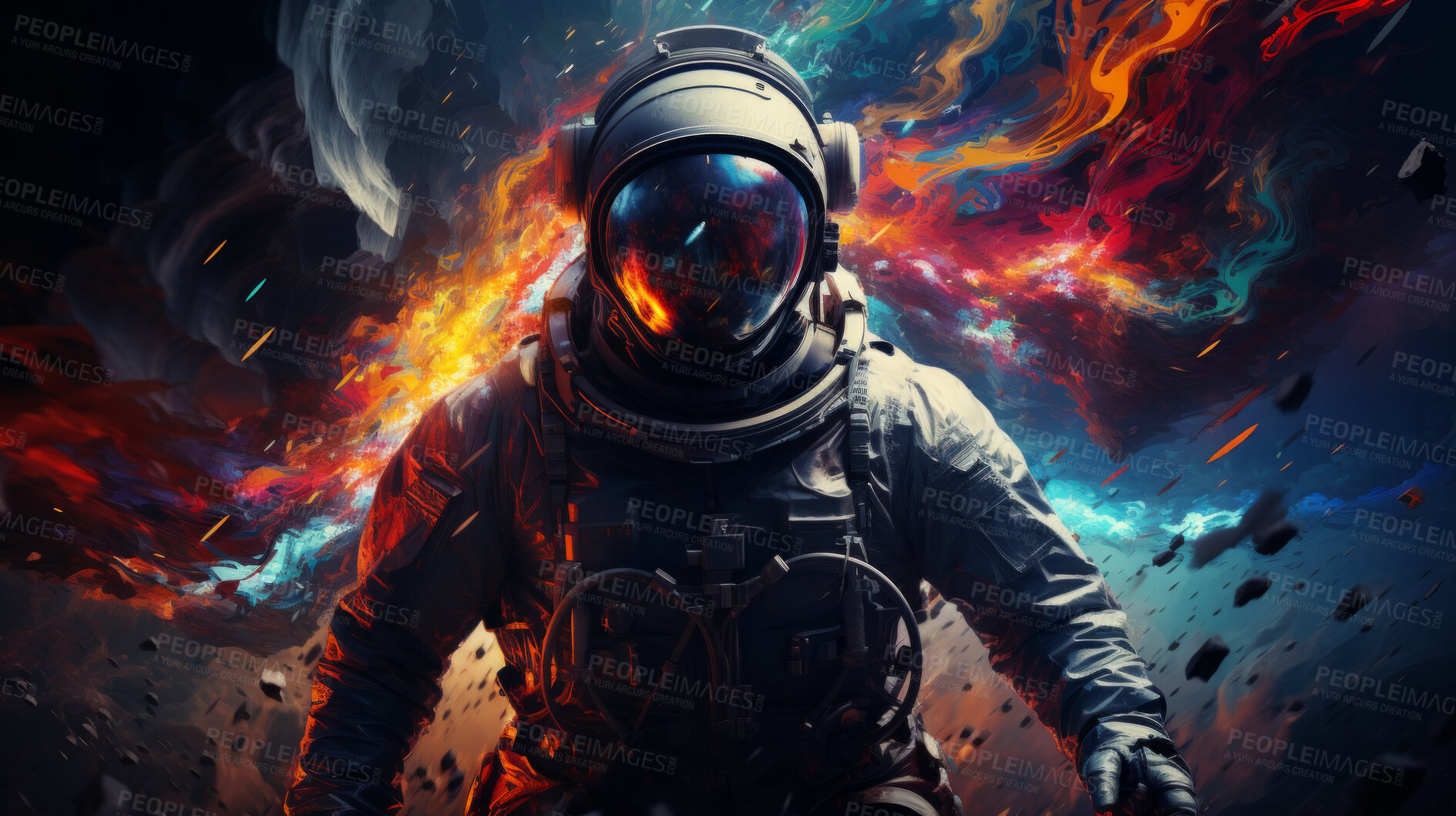 Buy stock photo Psychedelic spaceman, cosmic and mind-bending. Vibrant, trippy and space-inspired design for art, graphics and creative expressions. On a surreal canvas with a touch of intergalactic flair.