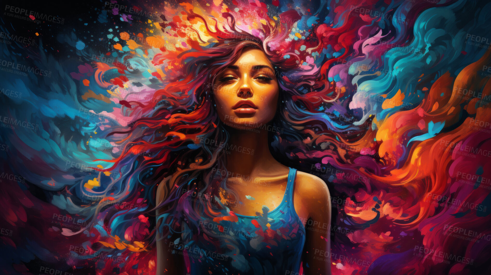 Buy stock photo Psychedelic woman, cosmic and mind-bending. Vibrant, trippy and space-inspired design for art, graphics and creative expressions. On a surreal canvas with a touch of intergalactic flair.