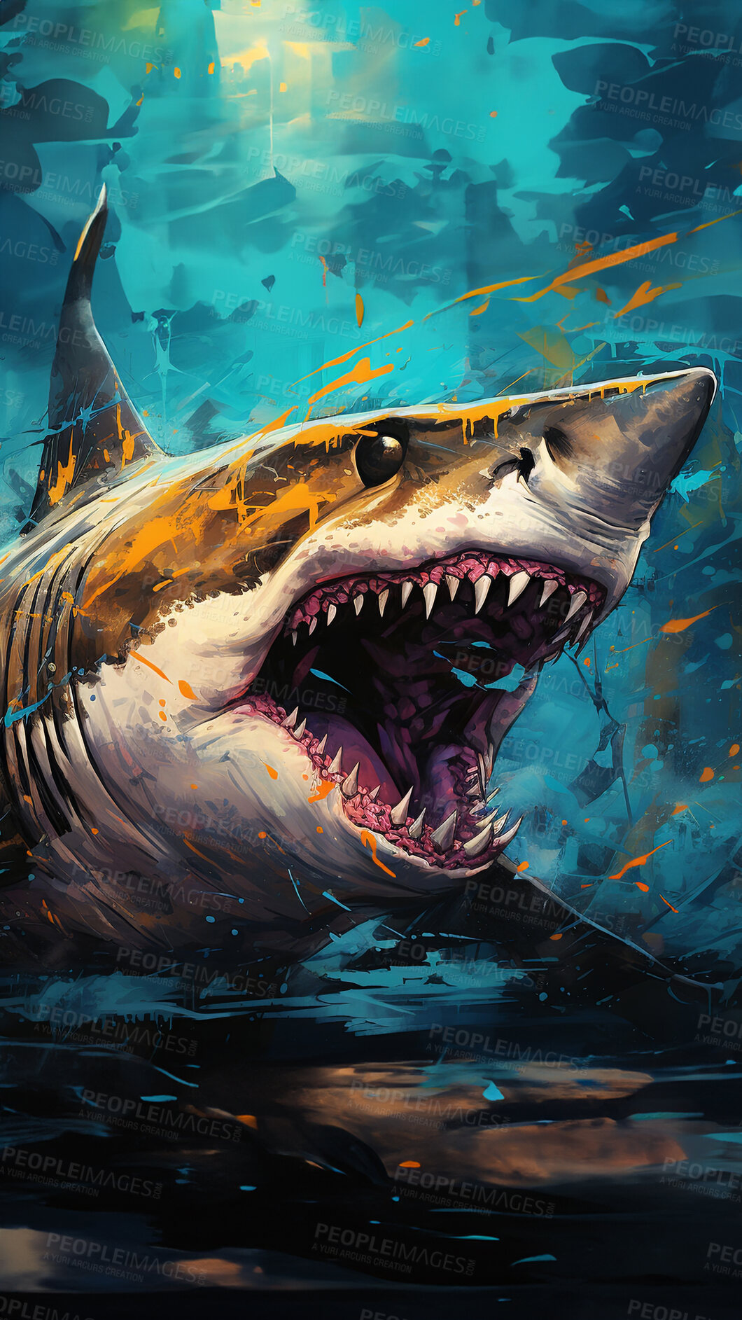 Buy stock photo Wild shark, lively and expressive artwork. Vibrant, ocean-inspired painting for decor, prints and creative expressions. On a dynamic canvas with a touch of untamed aquatic allure.