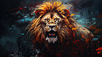 Powerful lion, regal and majestic, embellished with vibrant painting strokes and graffiti. Golden-maned, wild and untamed. A symbol of strength and pride, perfect for decor, prints and creative expressions. Against an abstract backdrop of dynamic energy.