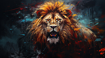 Powerful lion, regal and majestic, embellished with vibrant painting strokes and graffiti. Golden-maned, wild and untamed. A symbol of strength and pride, perfect for decor, prints and creative expressions. Against an abstract backdrop of dynamic energy.
