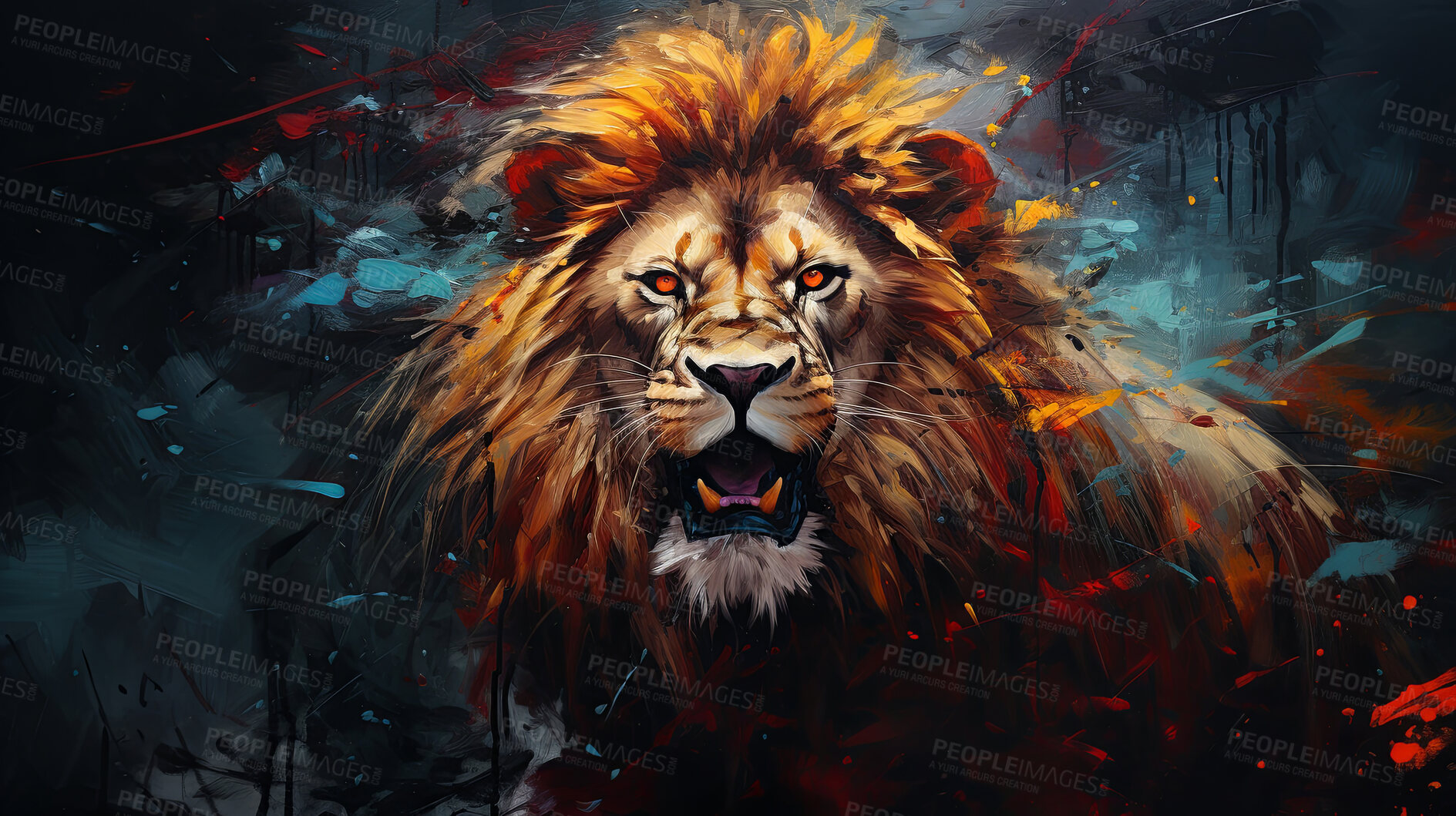 Buy stock photo Powerful lion, regal and majestic, embellished with vibrant painting strokes and graffiti. Golden-maned, wild and untamed. A symbol of strength and pride, perfect for decor, prints and creative expressions. Against an abstract backdrop of dynamic energy.