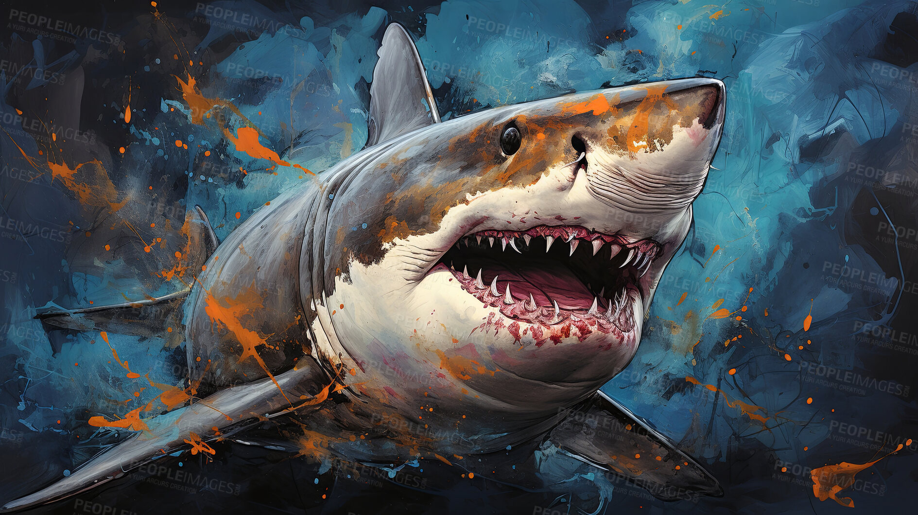 Buy stock photo Wild shark, lively and expressive artwork. Vibrant, ocean-inspired painting for decor, prints and creative expressions. On a dynamic canvas with a touch of untamed aquatic allure.