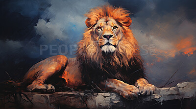 Powerful lion, regal and majestic, embellished with vibrant painting strokes and graffiti. Golden-maned, wild and untamed. A symbol of strength and pride, perfect for decor, prints and creative expressions. Against an abstract backdrop of dynamic energy.
