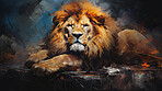 Powerful lion, regal and majestic, embellished with vibrant painting strokes and graffiti. Golden-maned, wild and untamed. A symbol of strength and pride, perfect for decor, prints and creative expressions. Against an abstract backdrop of dynamic energy.