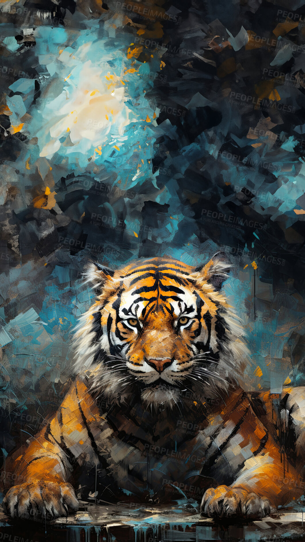 Buy stock photo Wild tiger, vibrant and expressive painting. Colorful, energetic and nature-inspired art for decor, prints and creative expressions. On a dynamic canvas with a touch of untamed beauty.