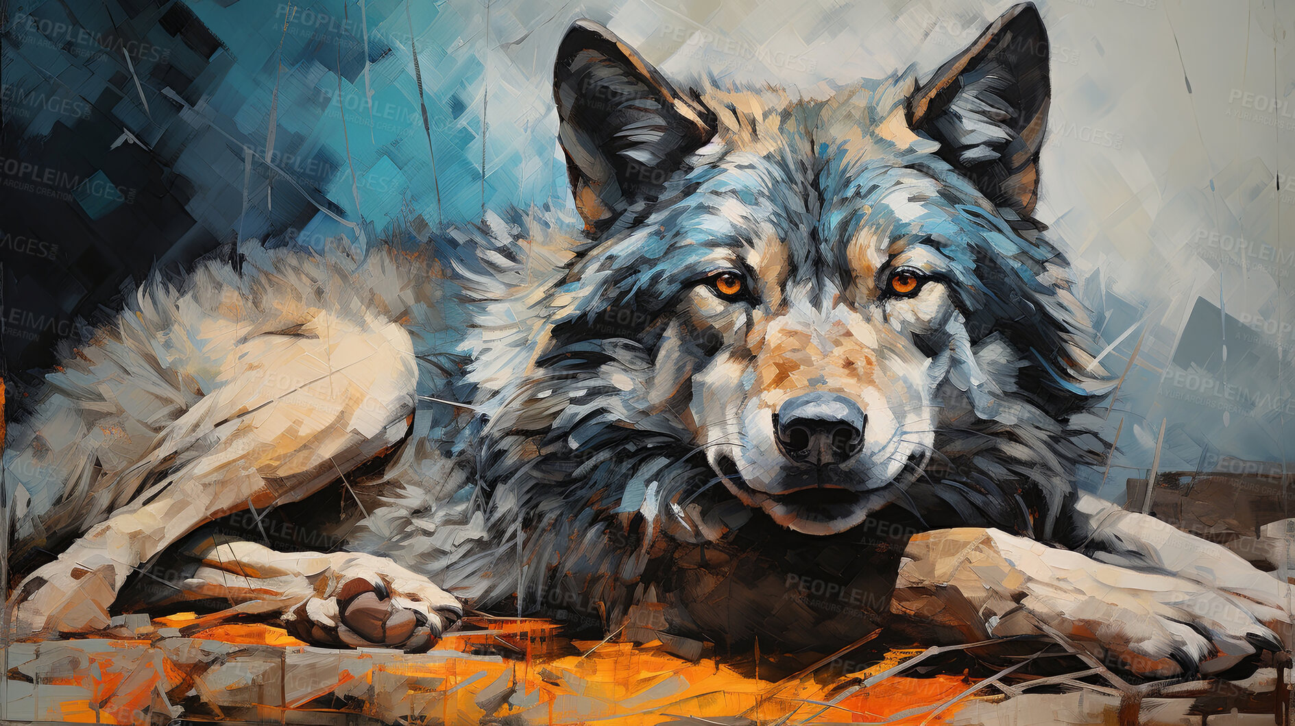 Buy stock photo Vibrant wolf, expressive painting, wild and colorful. Energetic, nature-inspired art for decor, prints and creative expressions. On a dynamic canvas with a touch of untamed beauty.