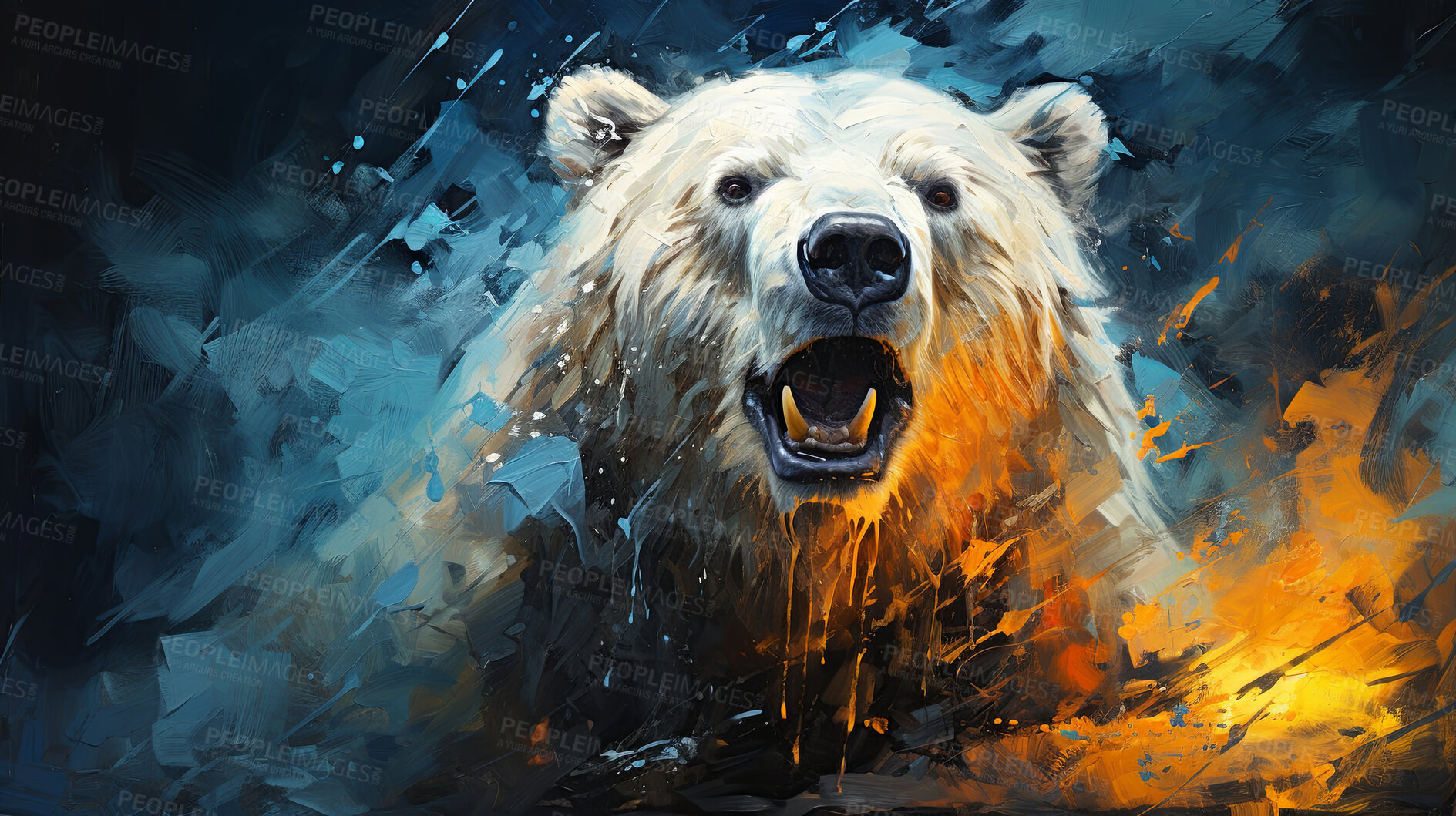 Buy stock photo Polar bear, expressive painting, wild and colorful. Energetic, nature-inspired art for decor, prints and creative expressions. On a dynamic canvas with a touch of untamed beauty.