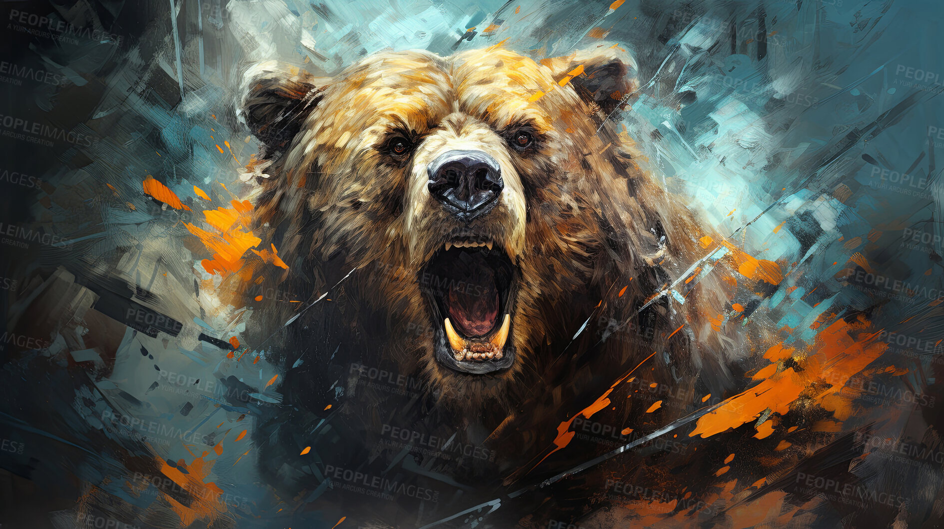 Buy stock photo Grizzly bear, expressive painting, wild and colorful. Energetic, nature-inspired art for decor, prints and creative expressions. On a dynamic canvas with a touch of untamed beauty.