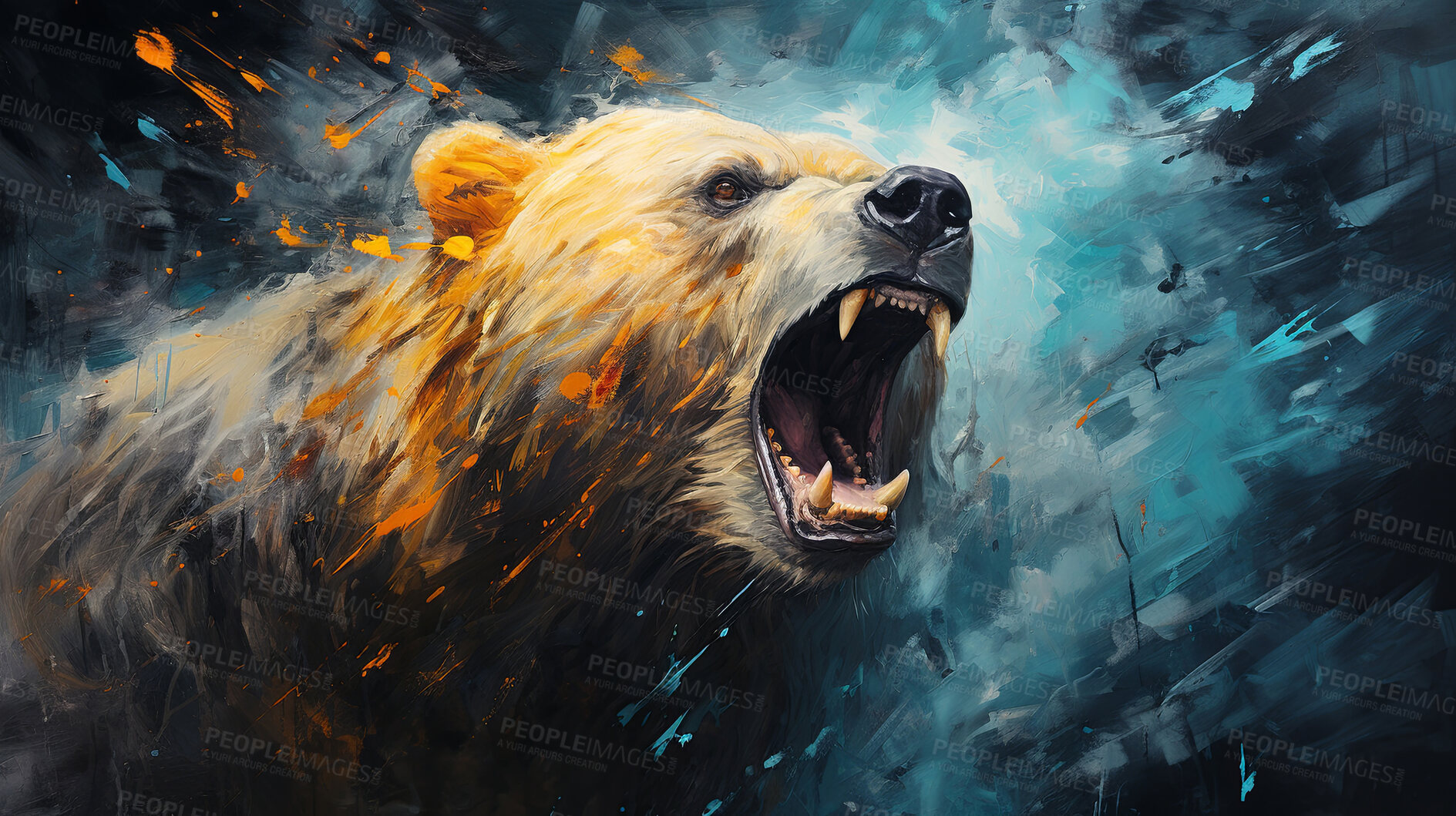 Buy stock photo Grizzly bear, expressive painting, wild and colorful. Energetic, nature-inspired art for decor, prints and creative expressions. On a dynamic canvas with a touch of untamed beauty.