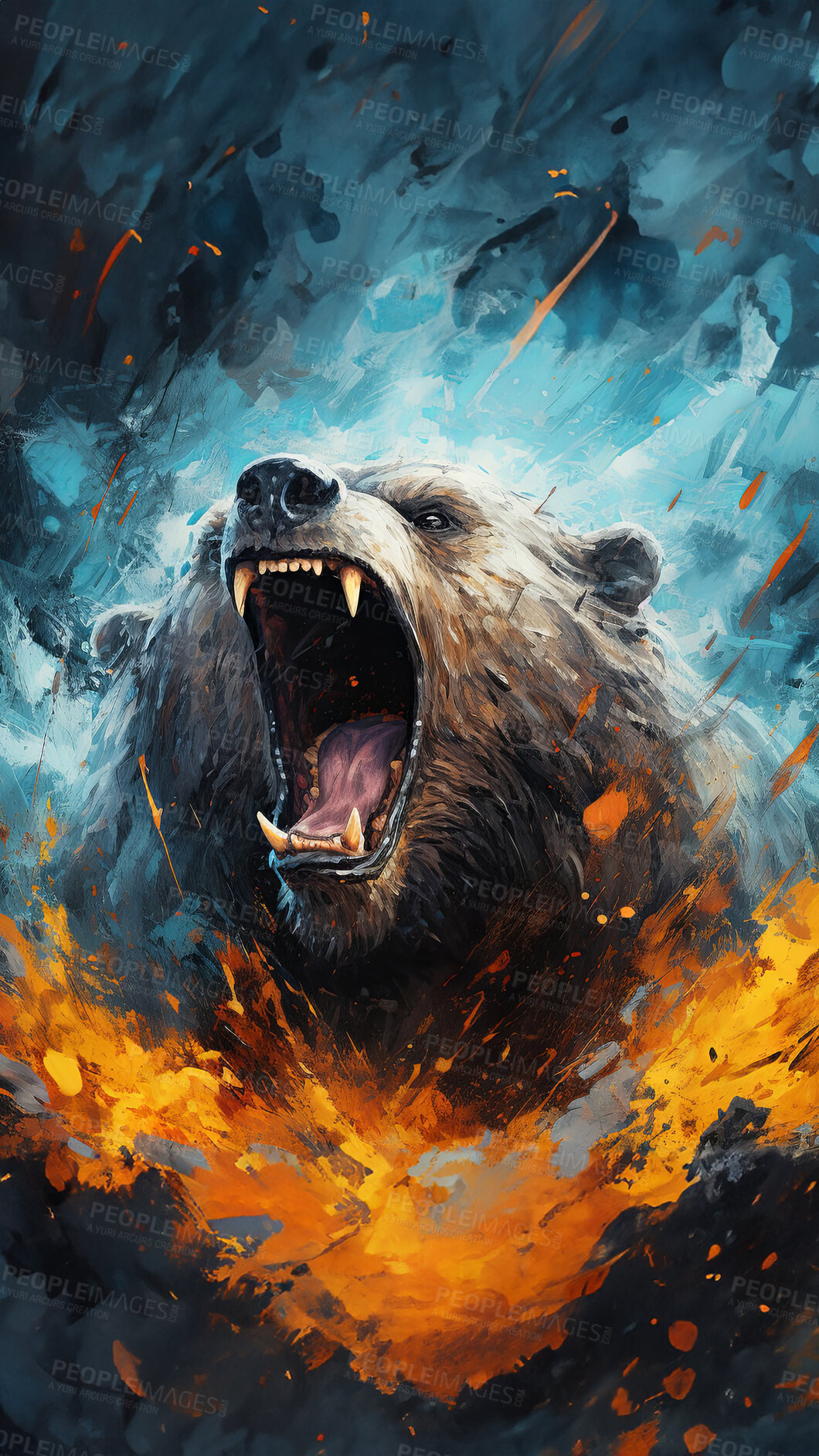 Buy stock photo Grizzly bear, expressive painting, wild and colorful. Energetic, nature-inspired art for decor, prints and creative expressions. On a dynamic canvas with a touch of untamed beauty.