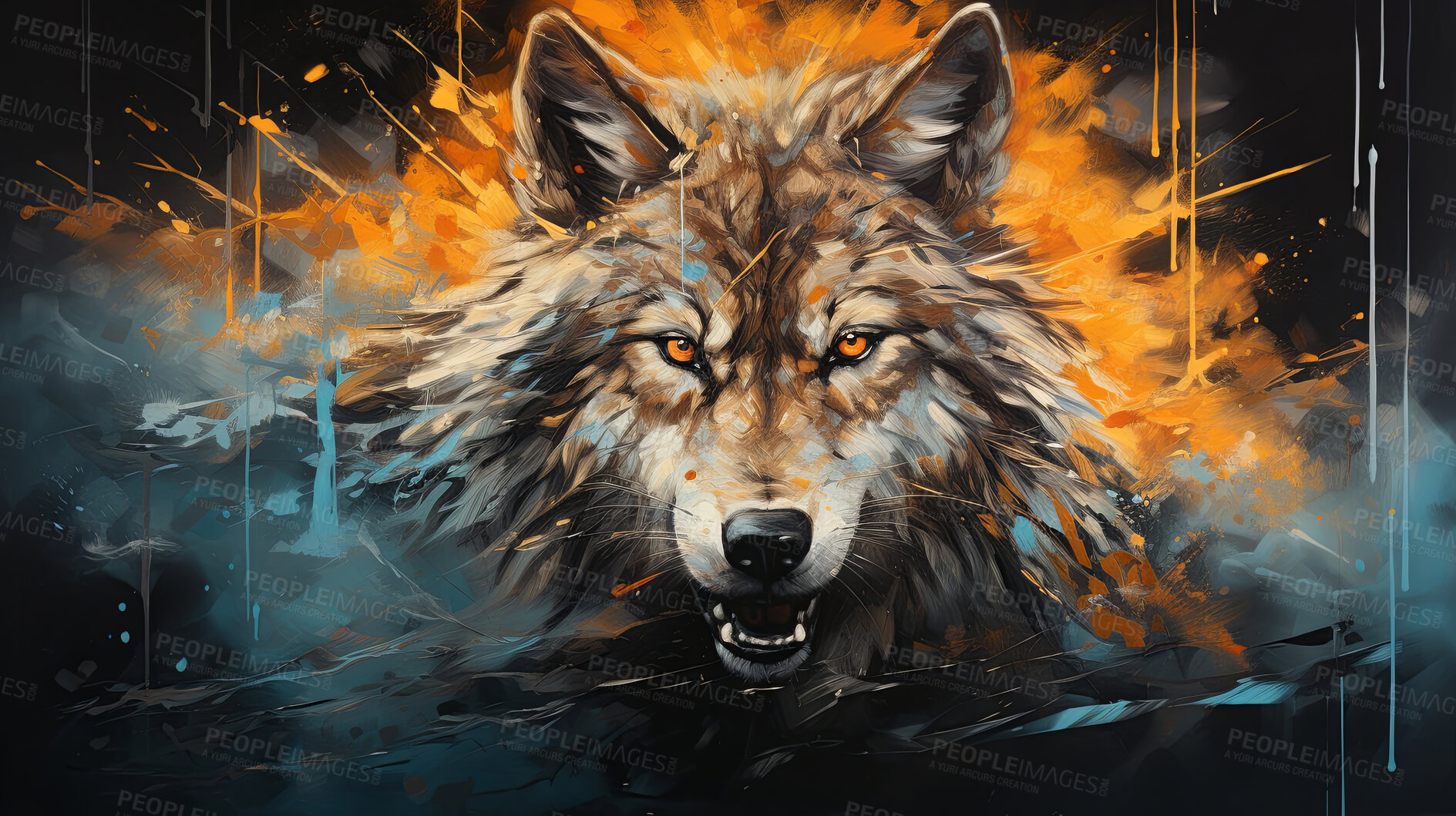 Buy stock photo Vibrant wolf, expressive painting, wild and colorful. Energetic, nature-inspired art for decor, prints and creative expressions. On a dynamic canvas with a touch of untamed beauty.