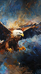 Majestic eagle, vibrant and dynamic. Wings spread wide, adorned with vivid painting strokes. A symbol of freedom and power, perfect for decor, prints and creative expressions. Against an abstract backdrop of creative energy.