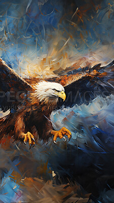 Majestic eagle, vibrant and dynamic. Wings spread wide, adorned with vivid painting strokes. A symbol of freedom and power, perfect for decor, prints and creative expressions. Against an abstract backdrop of creative energy.